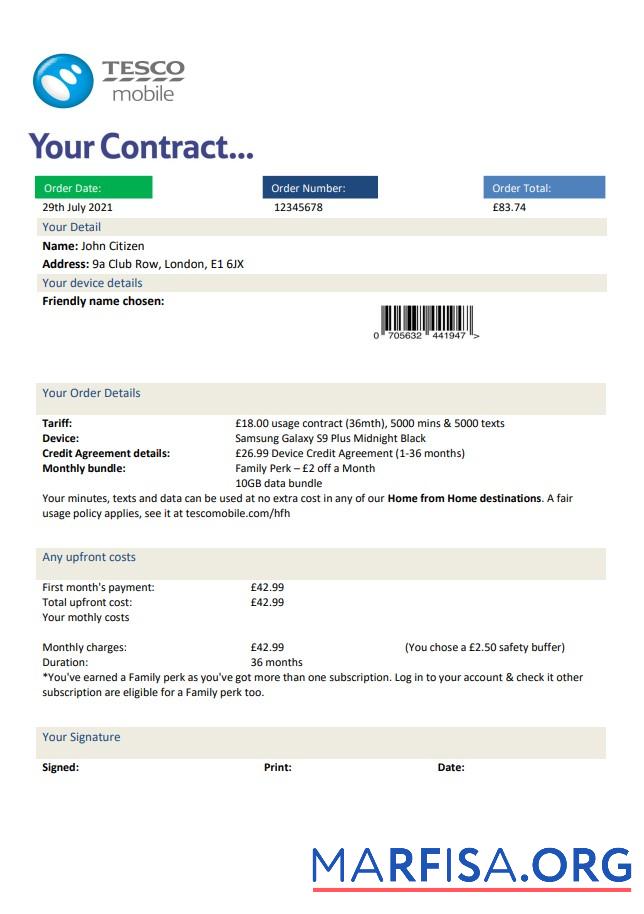 Blank United Kingdom Tesco Mobile utility bill template in Word and PDF format